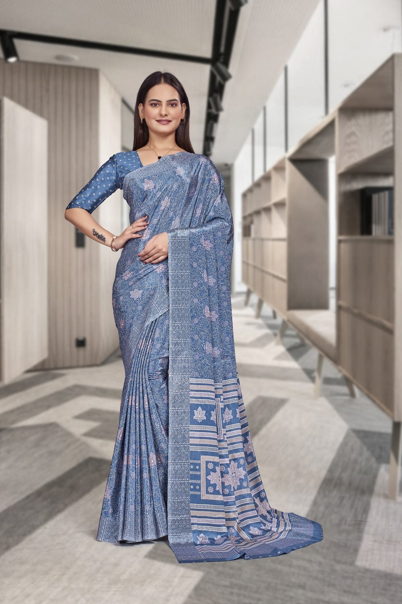 Blue Crepe Reception Staff Uniform Saree - FeministaCrepe