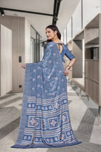 Blue Crepe Reception Staff Uniform Saree - FeministaCrepe
