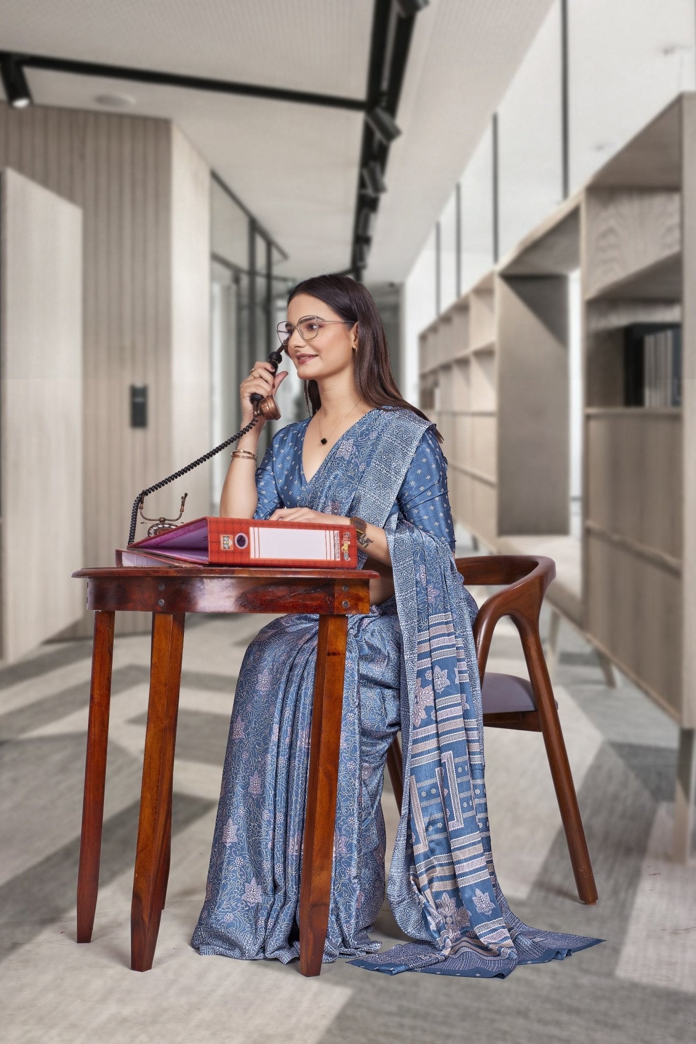 Blue Crepe Reception Staff Uniform Saree - FeministaCrepe