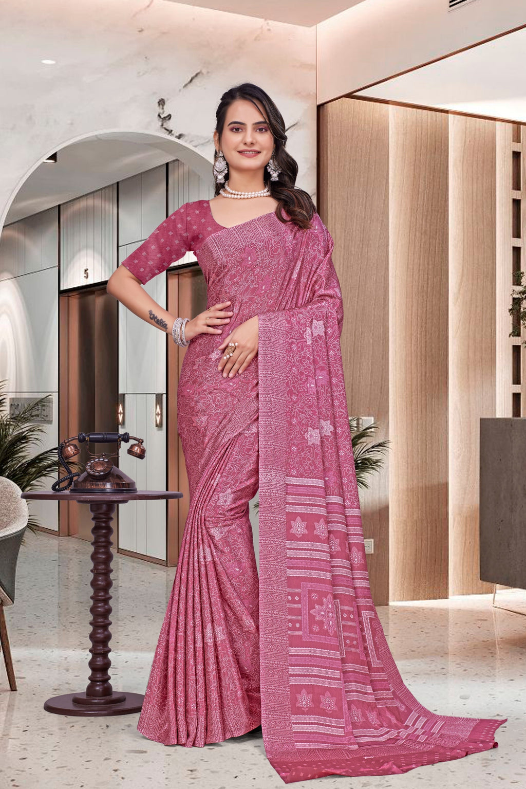 Pink Crepe Professional Teacher Saree - FeministaCrepe
