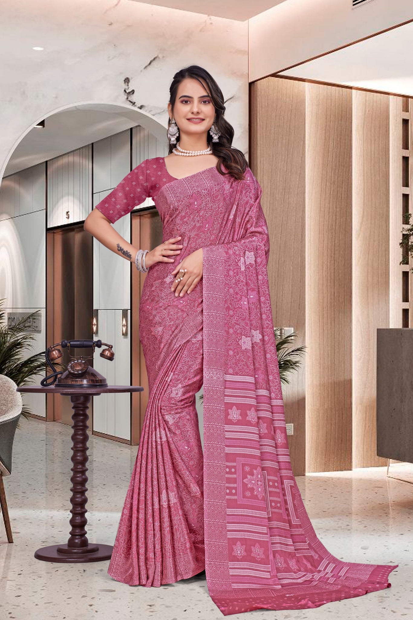 Pink Crepe Professional Teacher Saree - FeministaCrepe