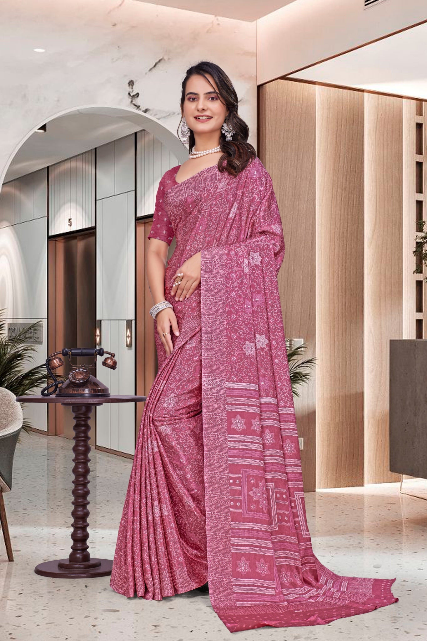Pink Crepe Professional Teacher Saree - FeministaCrepe