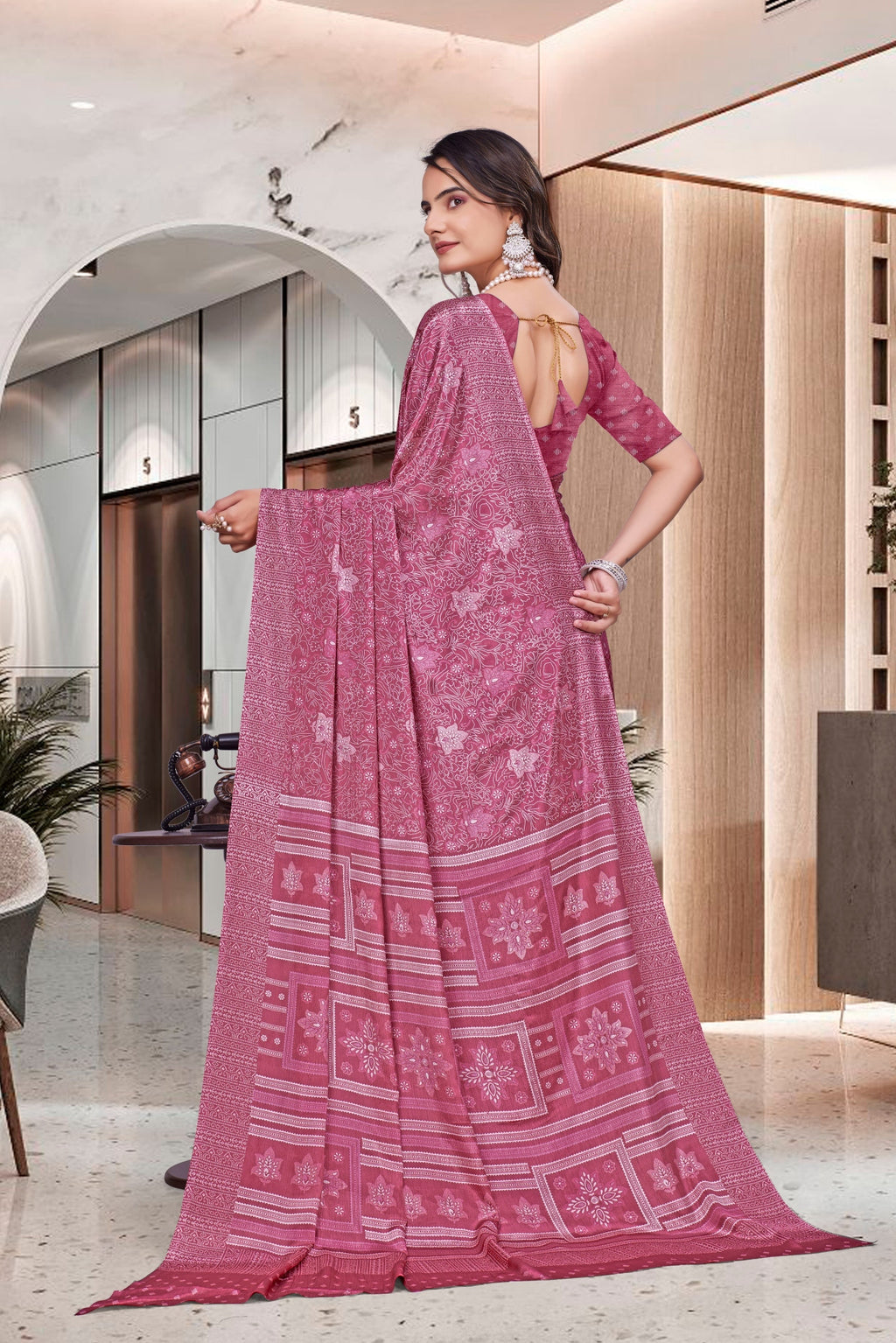 Pink Crepe Professional Teacher Saree - FeministaCrepe