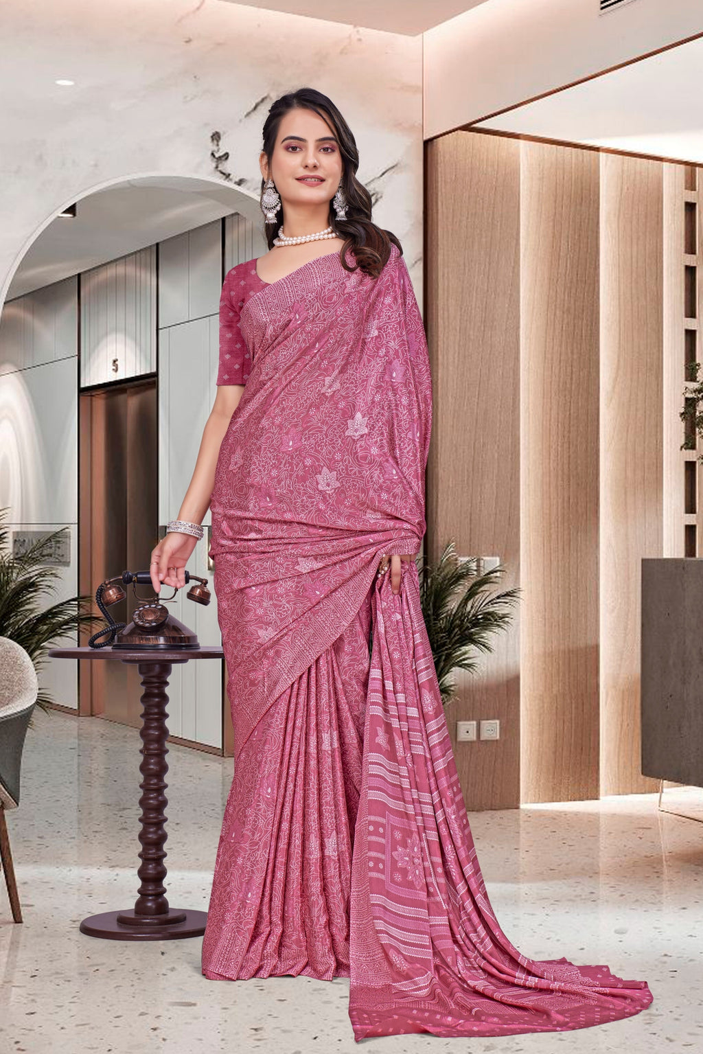 Pink Crepe Professional Teacher Saree - FeministaCrepe