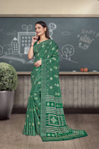 Green Crepe Work Wear Saree for Teachers - FeministaCrepe