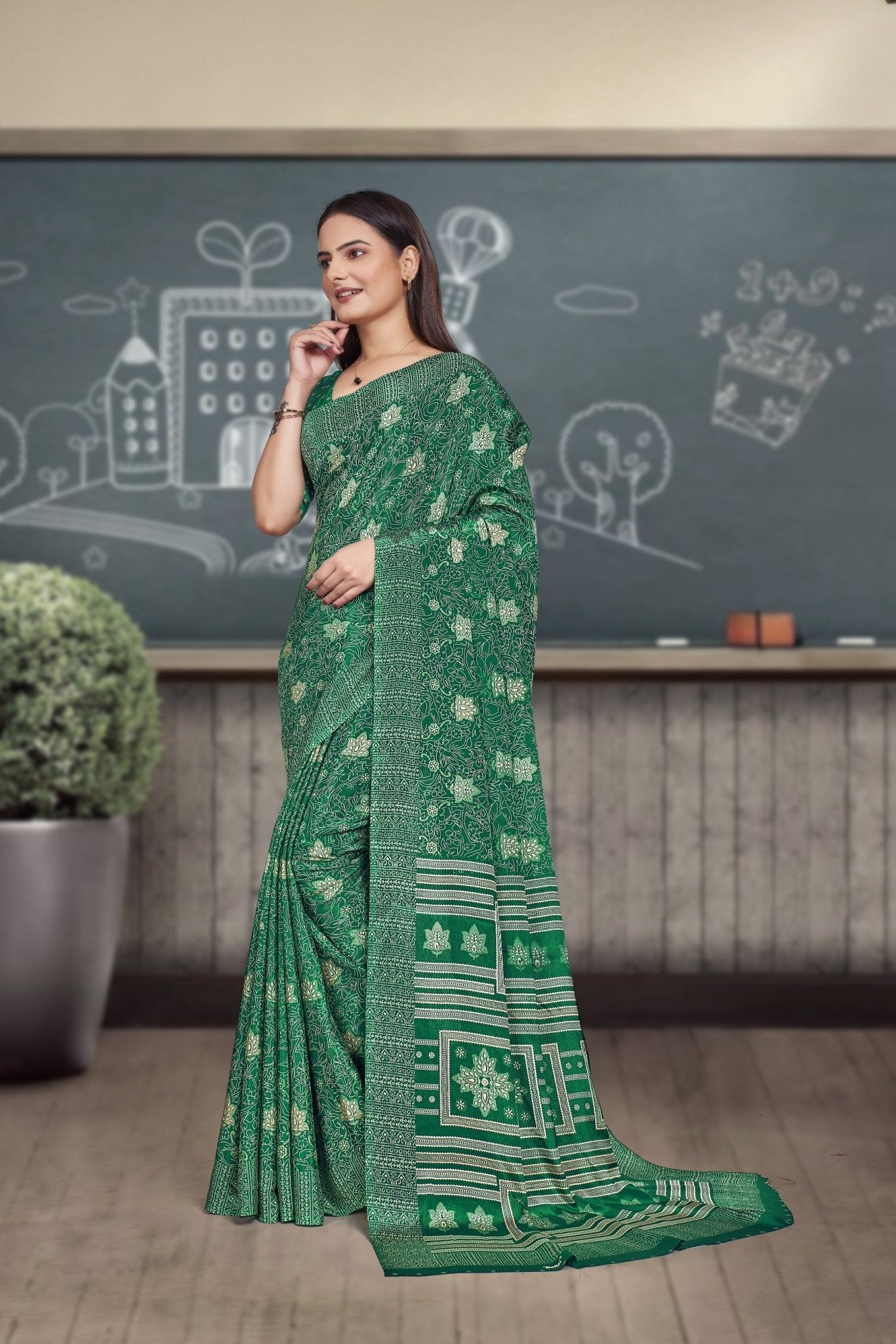 Green Crepe Work Wear Saree for Teachers - FeministaCrepe