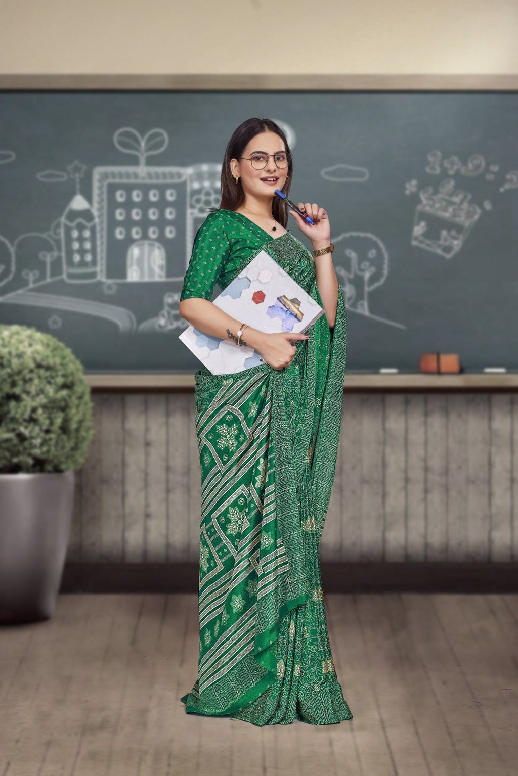 Green Crepe Work Wear Saree for Teachers - FeministaCrepe
