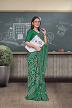 Green Crepe Work Wear Saree for Teachers - FeministaCrepe