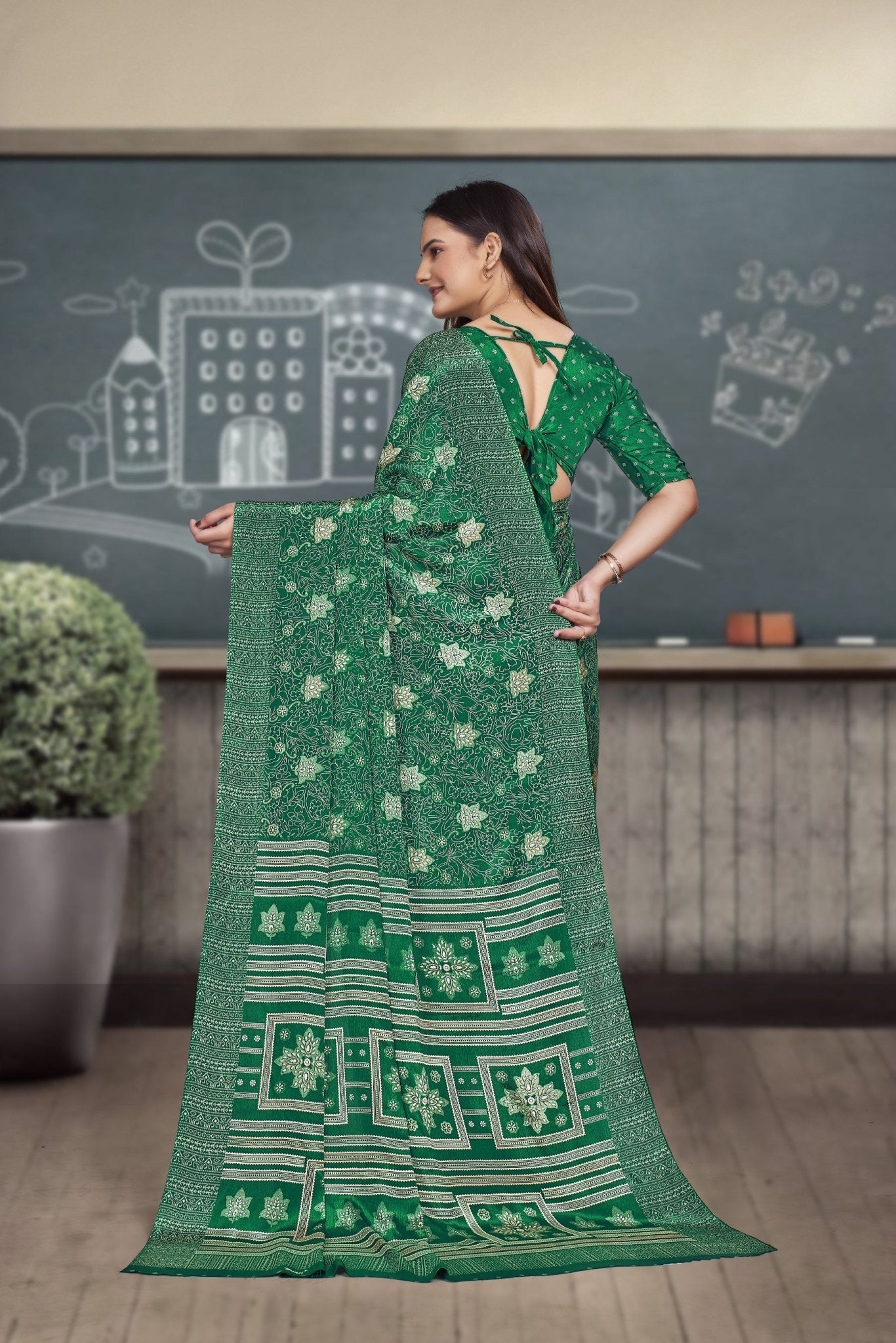 Green Crepe Work Wear Saree for Teachers - FeministaCrepe