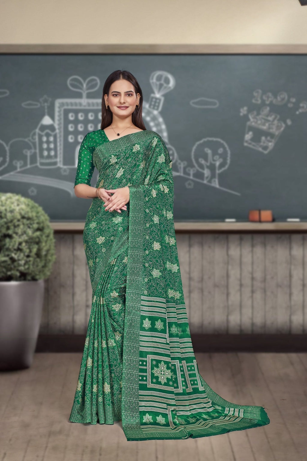 Green Crepe Work Wear Saree for Teachers - FeministaCrepe