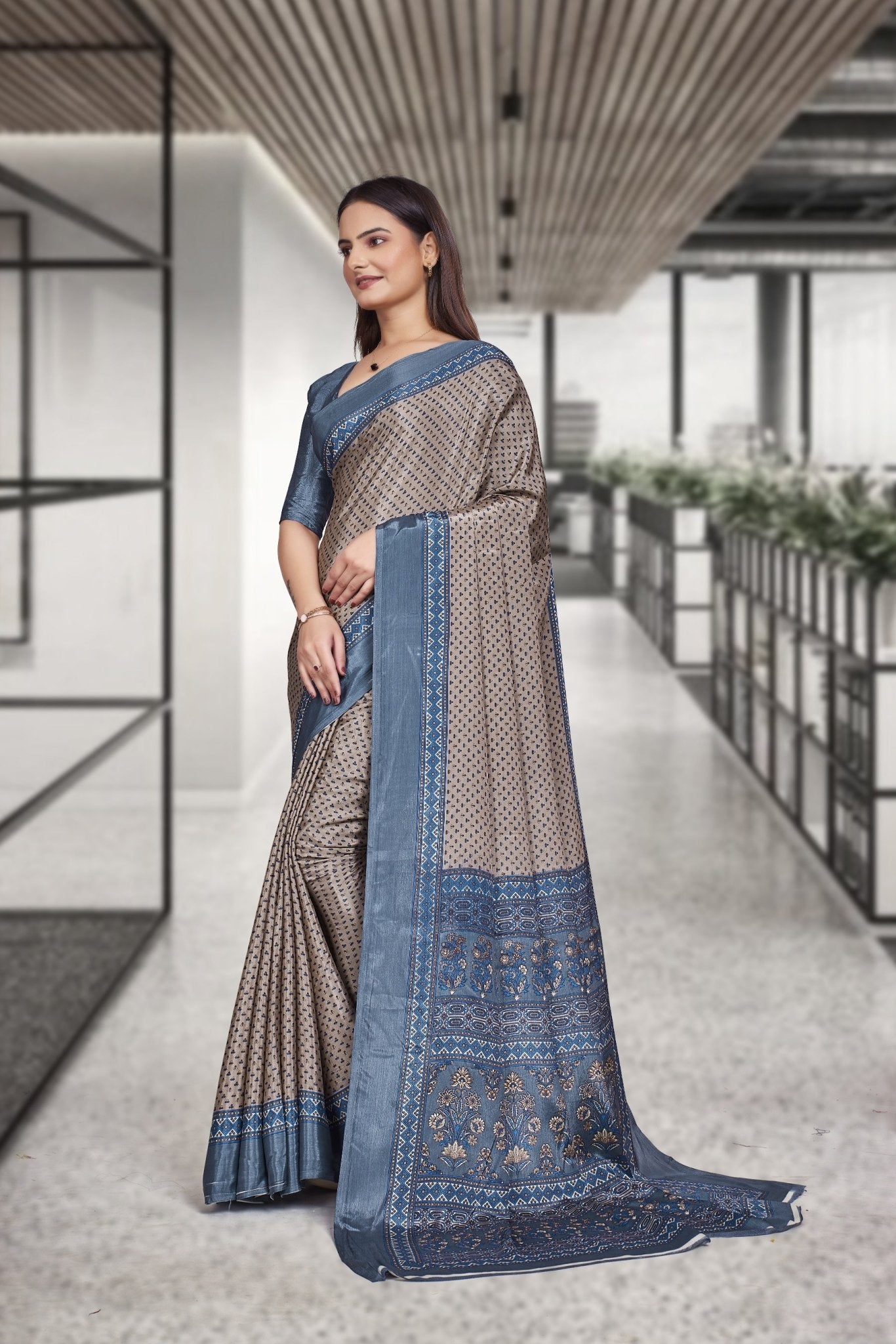 Brown Crepe Teacher Edition Uniform Saree - FeministaCrepe