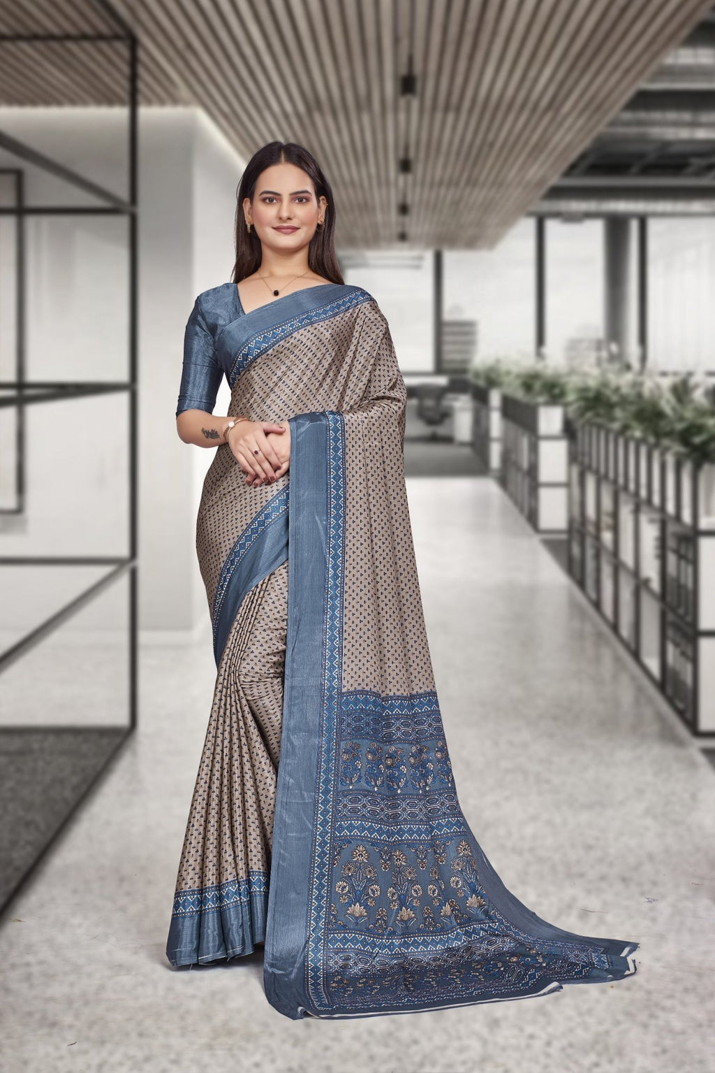 Brown Crepe Teacher Edition Uniform Saree - FeministaCrepe