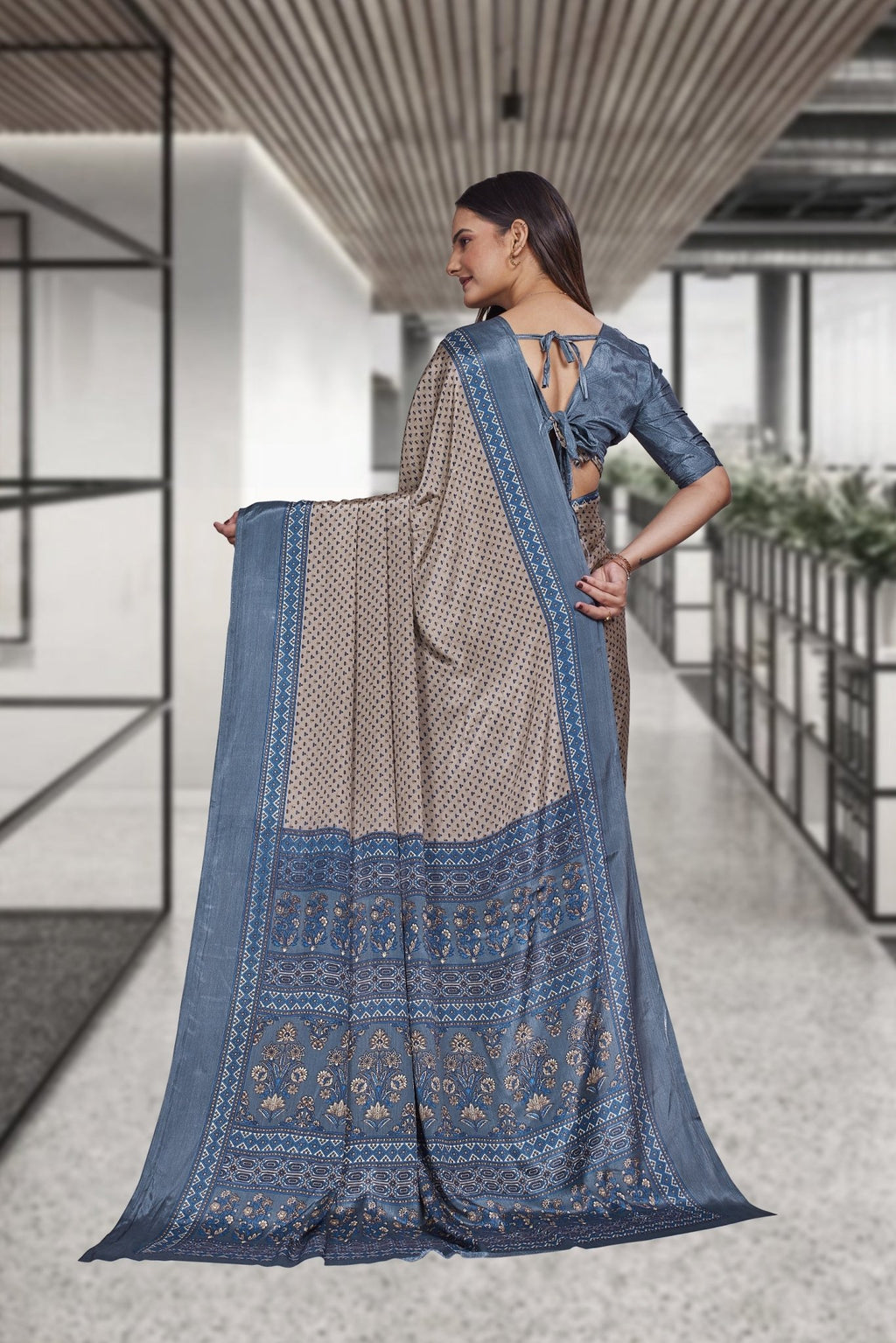 Brown Crepe Teacher Edition Uniform Saree - FeministaCrepe