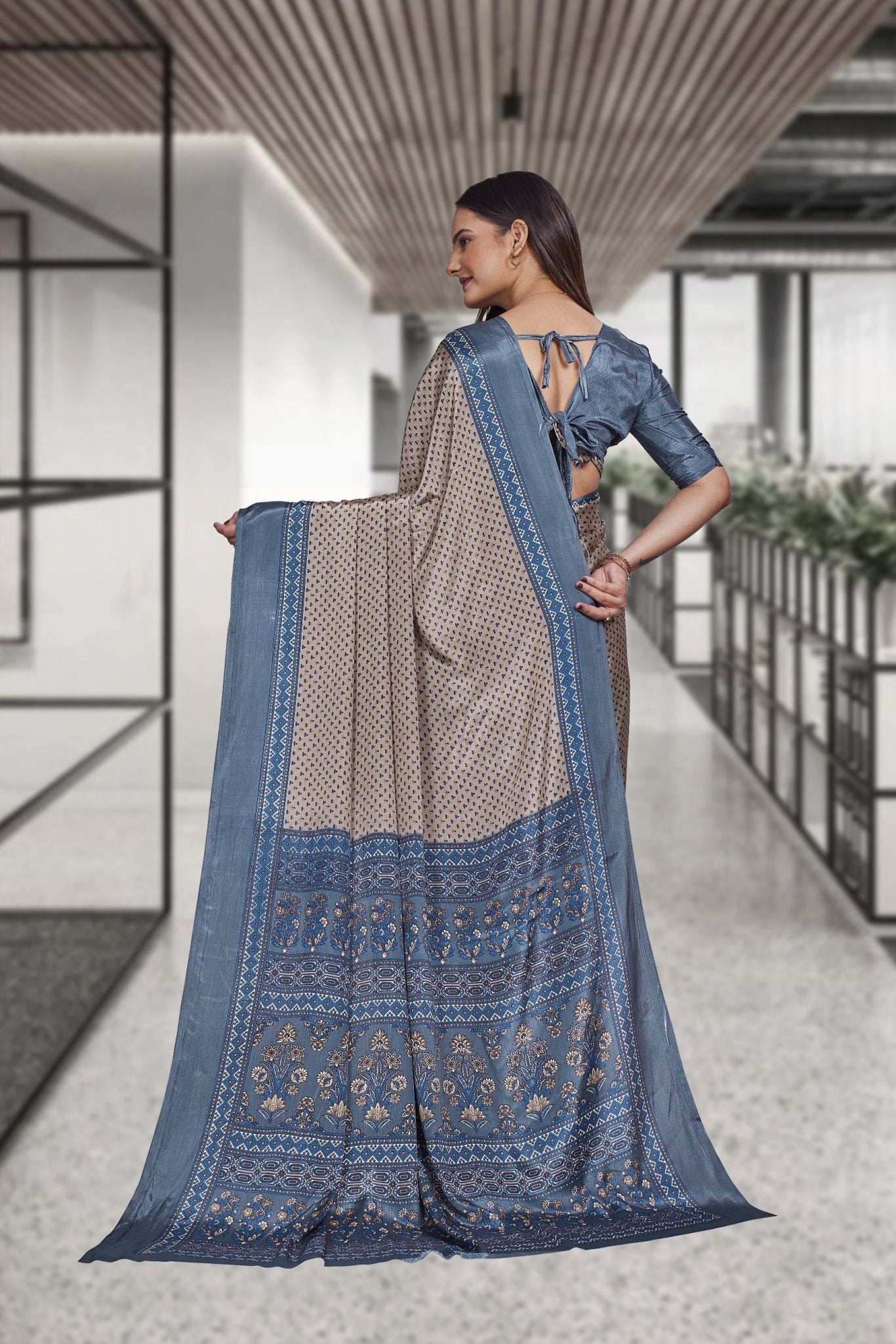 Brown Crepe Teacher Edition Uniform Saree - FeministaCrepe