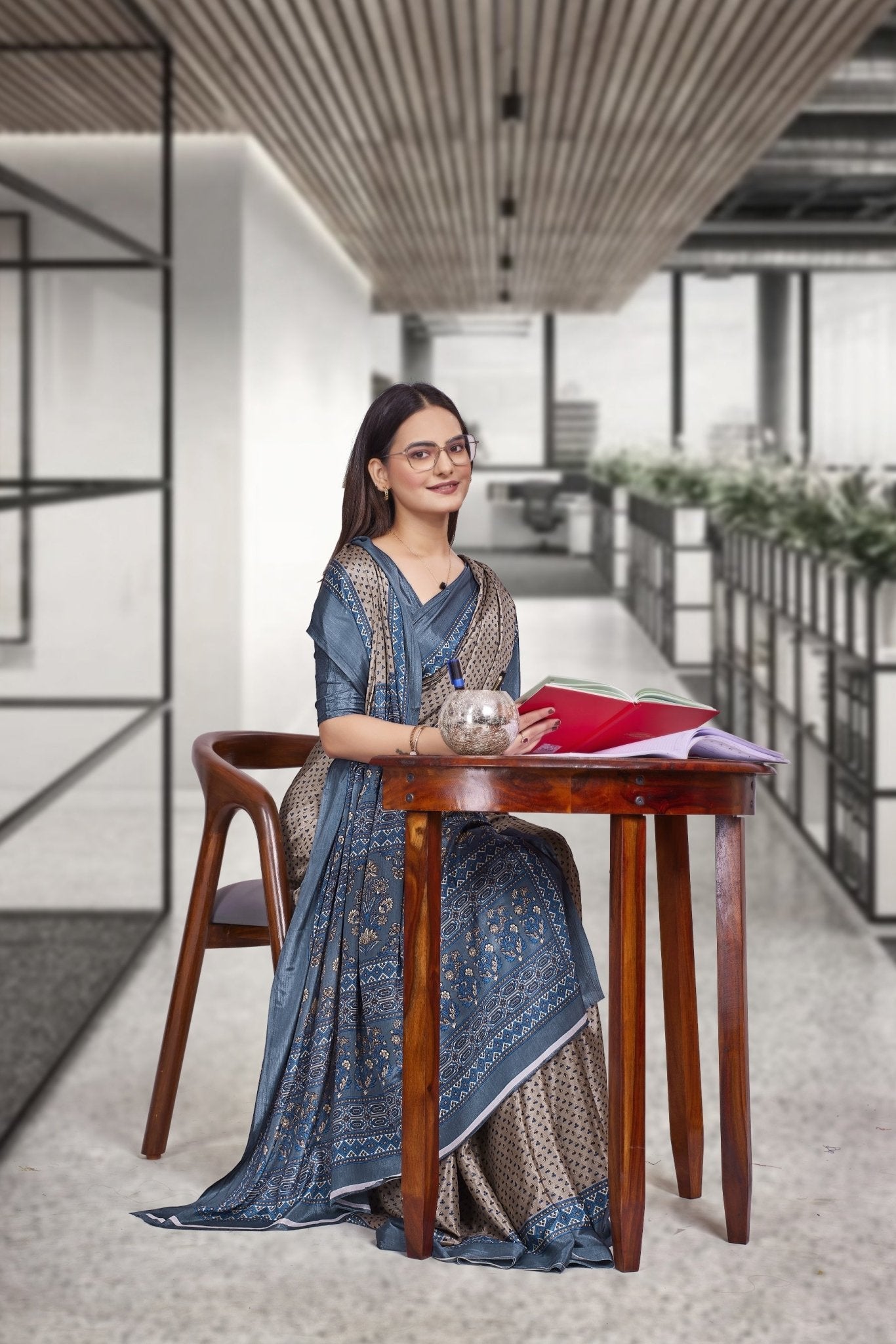 Brown Crepe Teacher Edition Uniform Saree - FeministaCrepe
