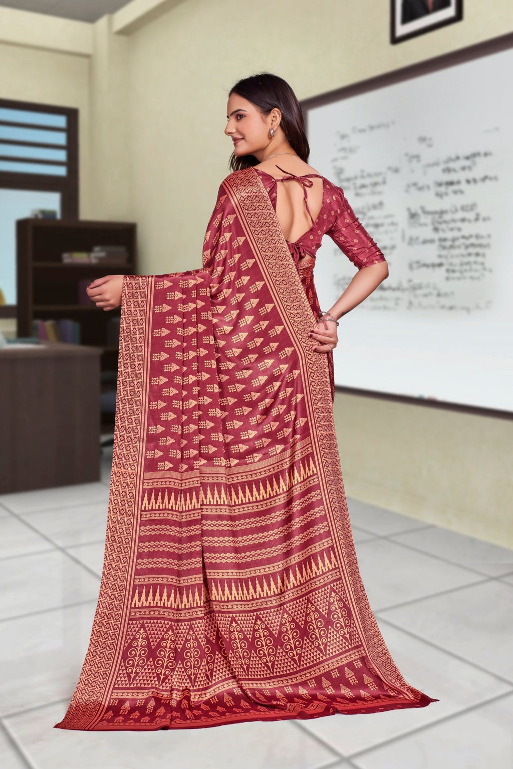 Maroon Crepe Professional Teacher Saree - FeministaCrepe