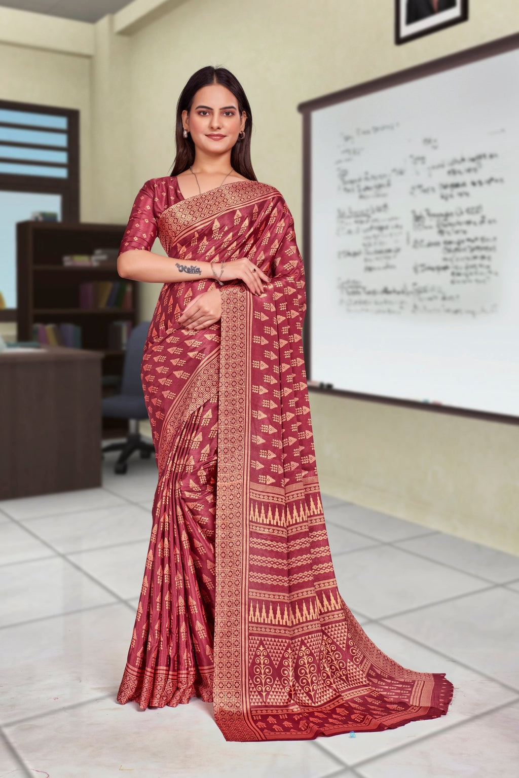 Maroon Crepe Professional Teacher Saree - FeministaCrepe