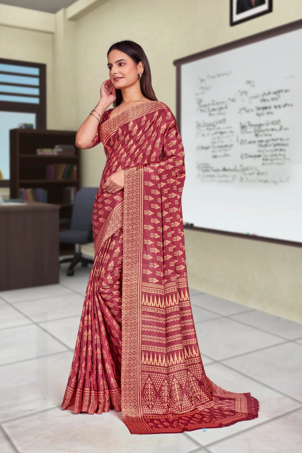 Maroon Crepe Professional Teacher Saree - FeministaCrepe
