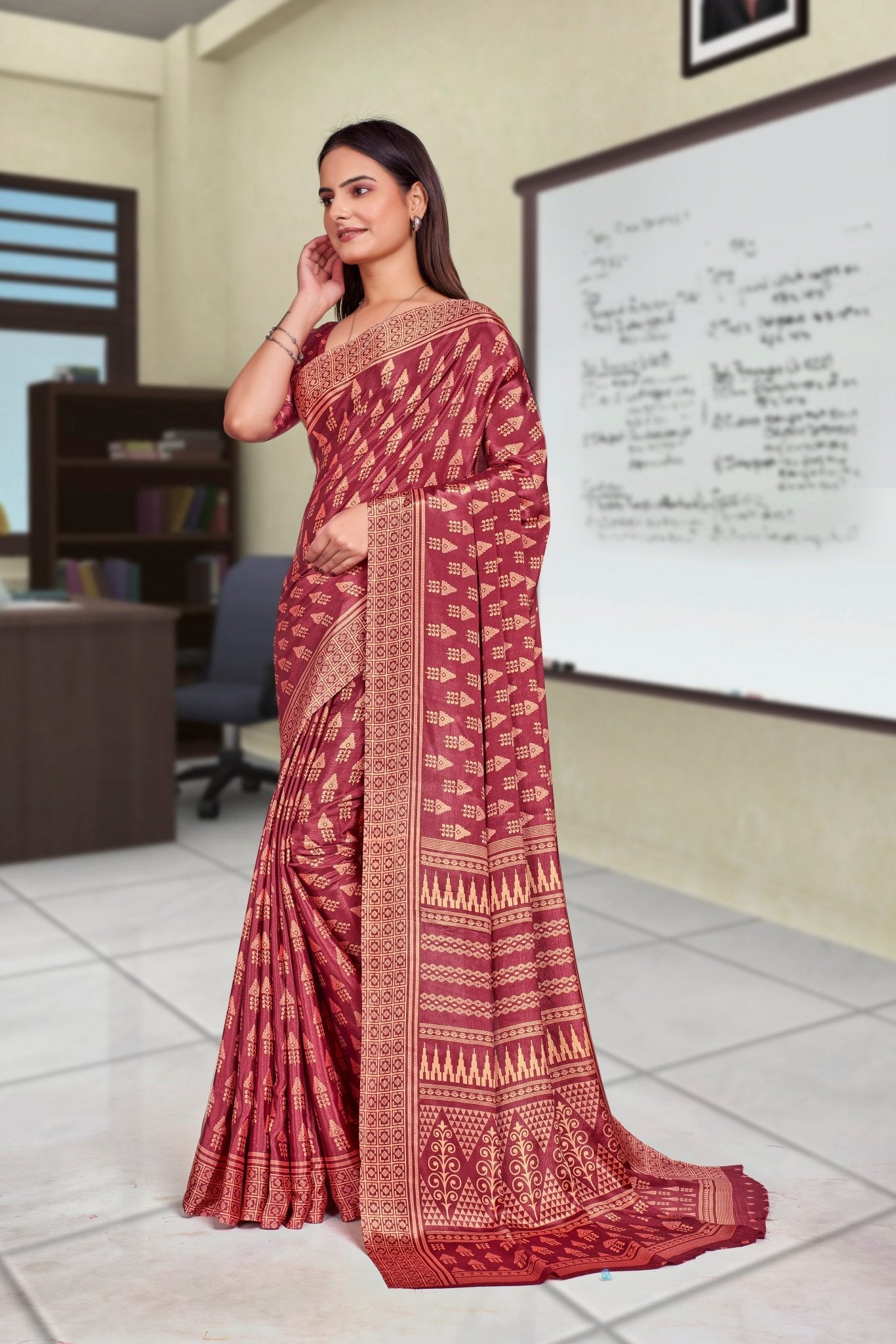 Maroon Crepe Professional Teacher Saree - FeministaCrepe
