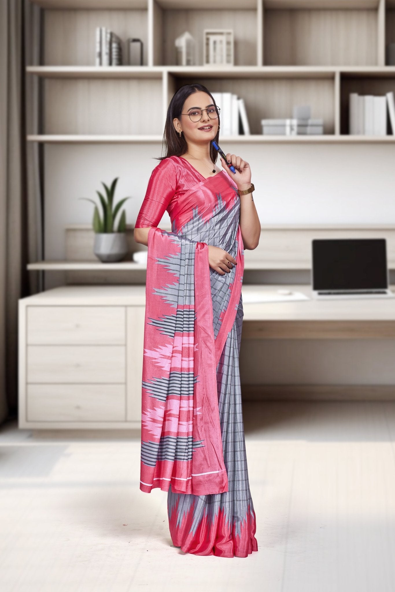 Pink Crepe Workplace Uniform Saree - FeministaCrepe