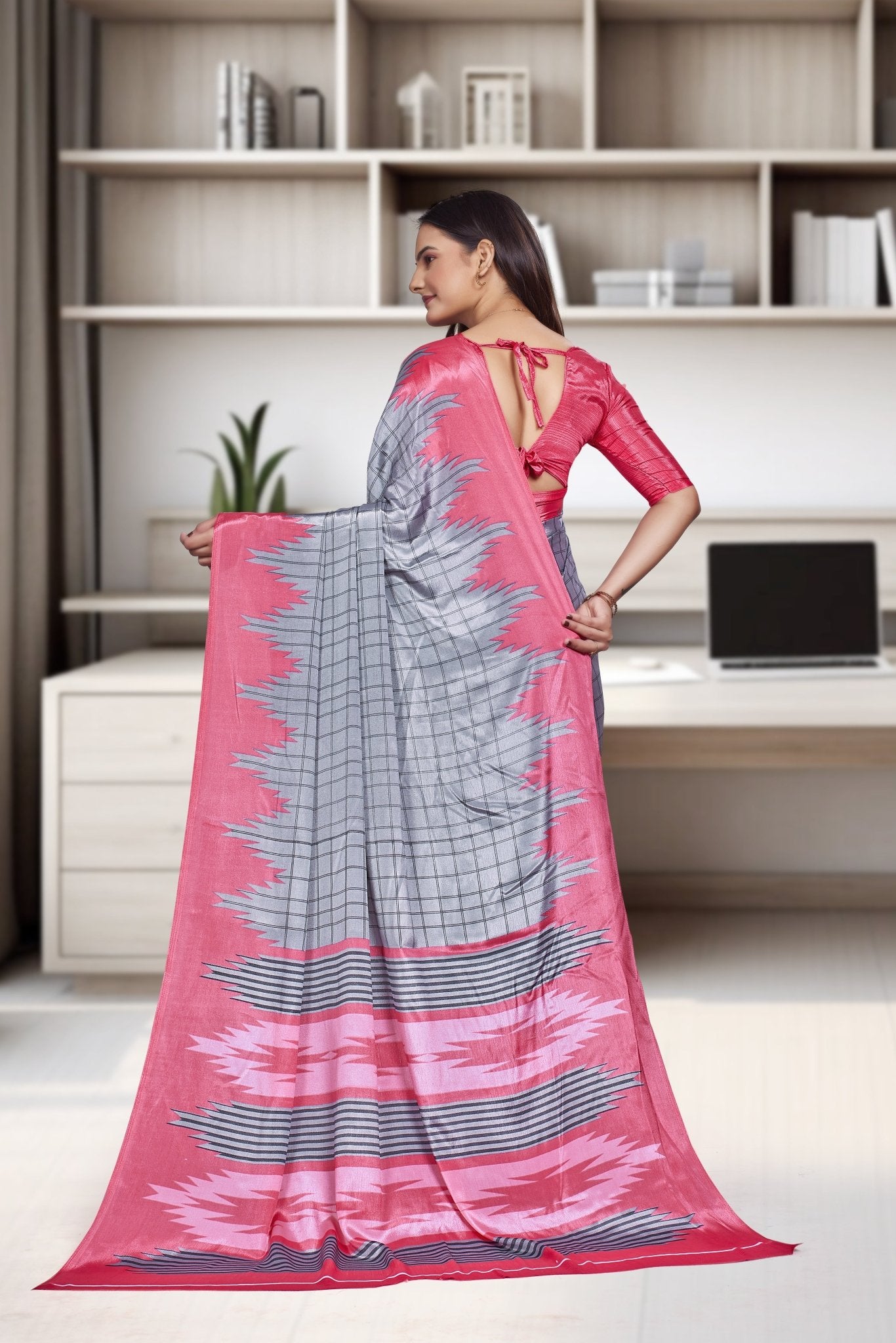 Pink Crepe Workplace Uniform Saree - FeministaCrepe