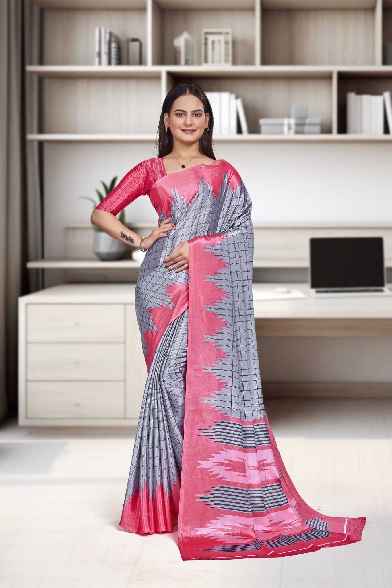Pink Crepe Workplace Uniform Saree - FeministaCrepe