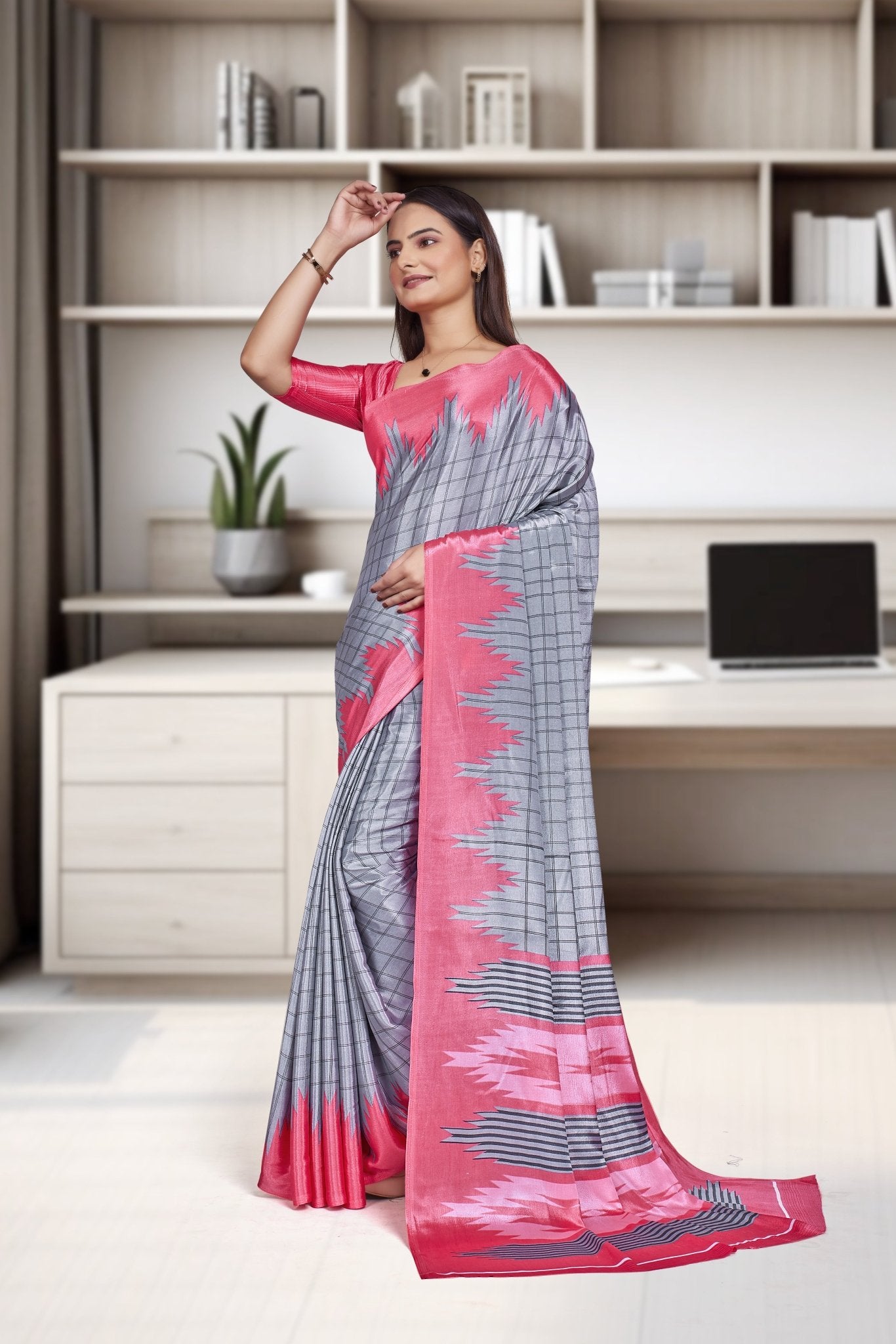 Pink Crepe Workplace Uniform Saree - FeministaCrepe