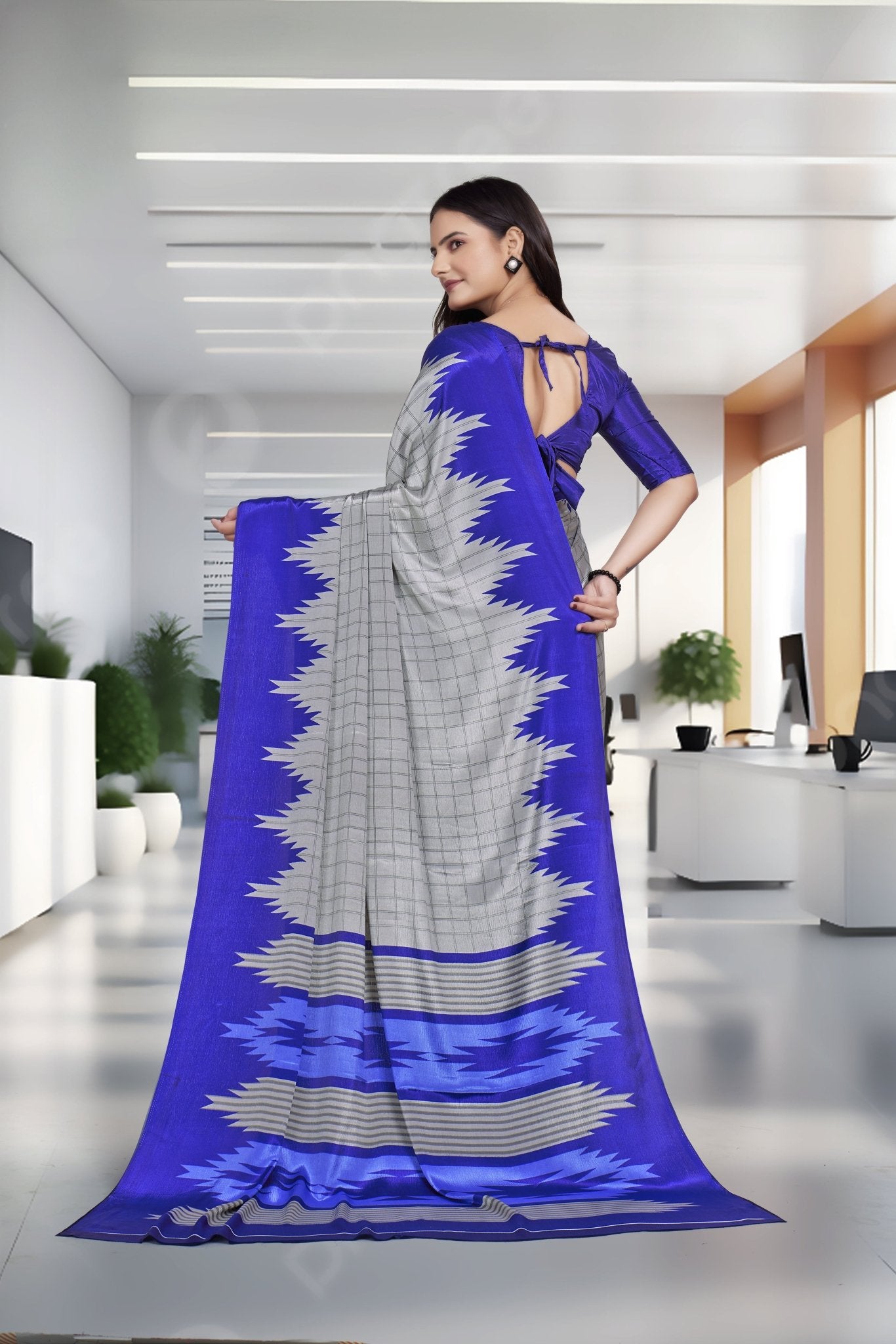 Blue Crepe Professional Office Saree - FeministaCrepe