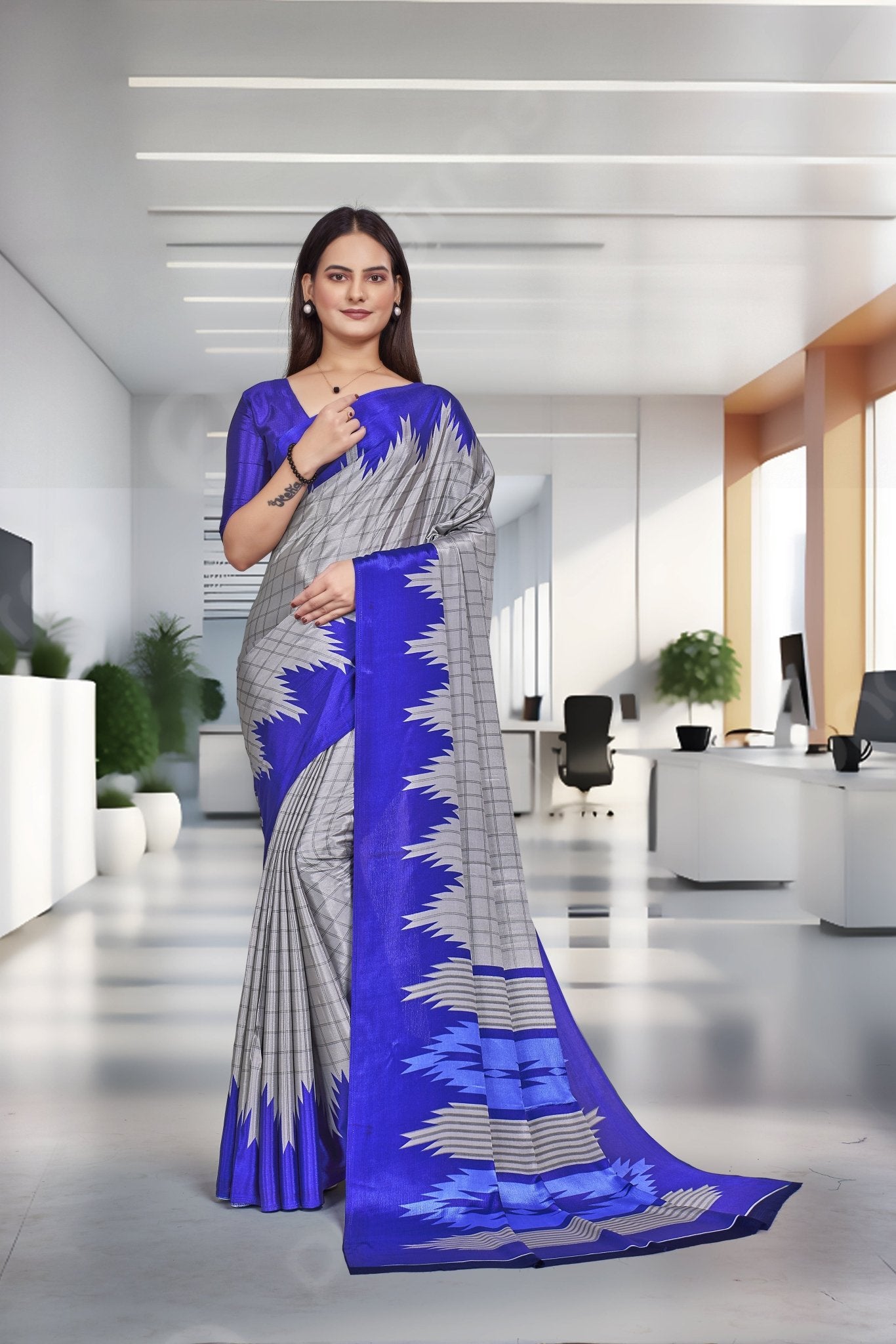 Blue Crepe Professional Office Saree - FeministaCrepe