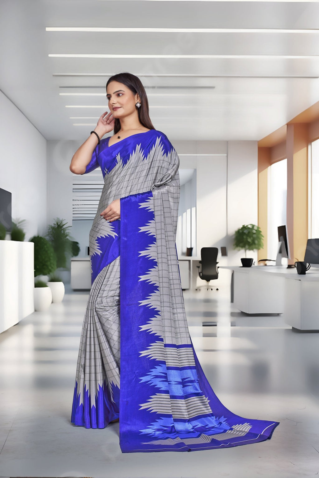 Blue Crepe Professional Office Saree - FeministaCrepe