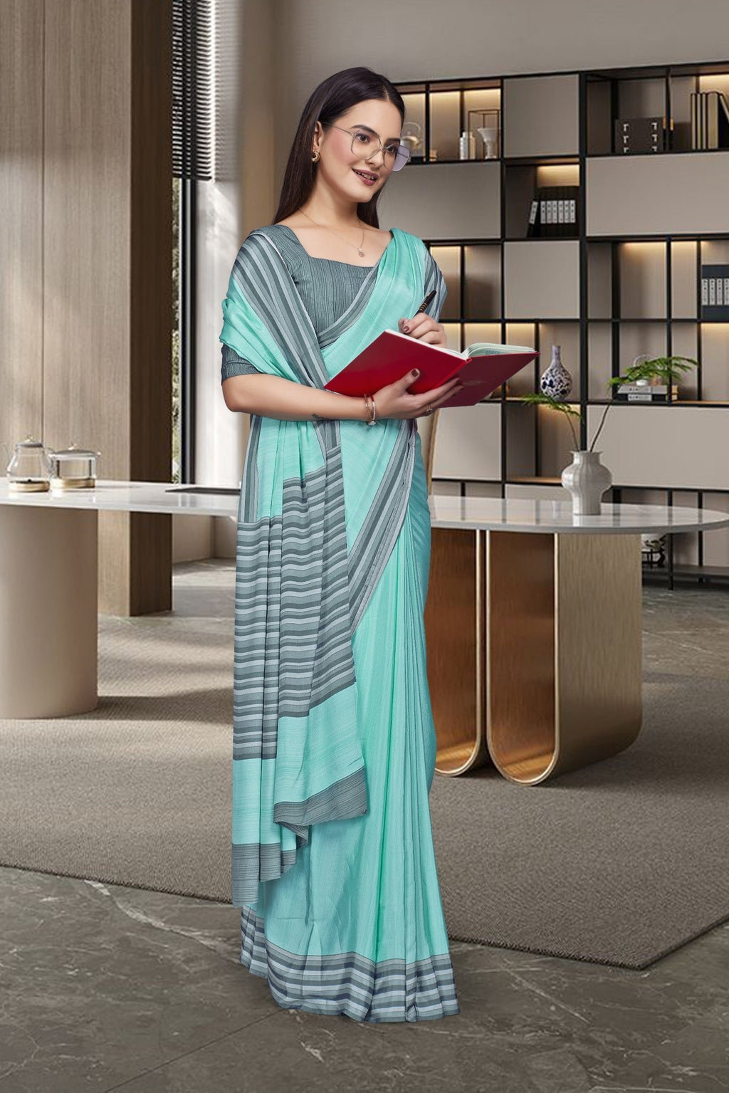 Green Crepe Professional Office Saree - FeministaCrepe