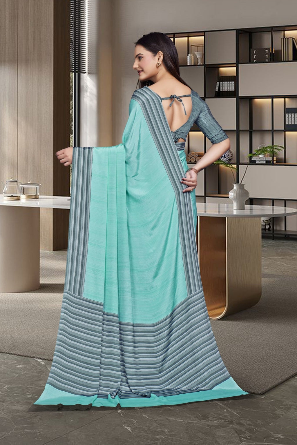 Green Crepe Professional Office Saree - FeministaCrepe