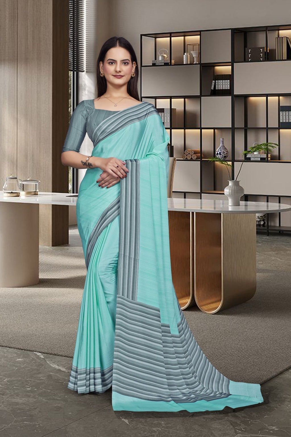 Green Crepe Professional Office Saree - FeministaCrepe