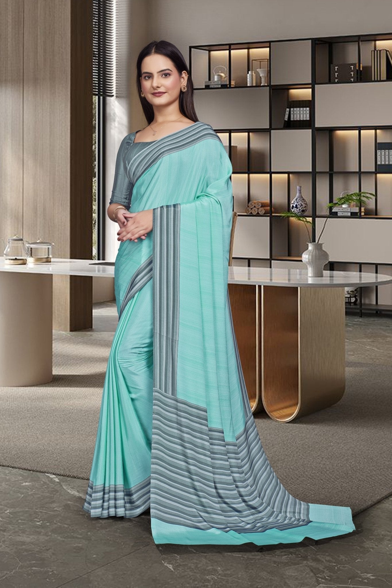 Green Crepe Professional Office Saree - FeministaCrepe