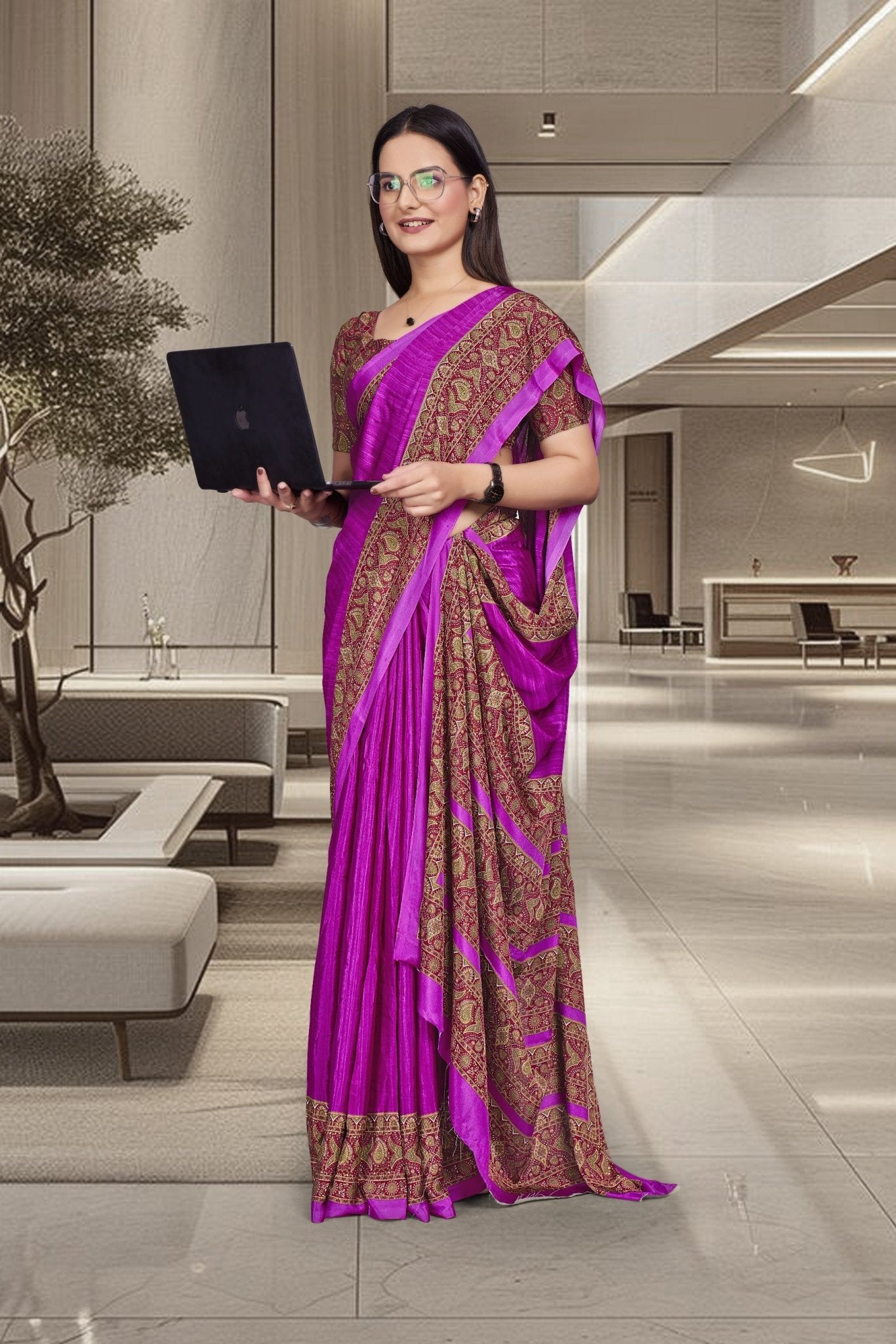 Purple Crepe Professional Teacher Saree - FeministaCrepe