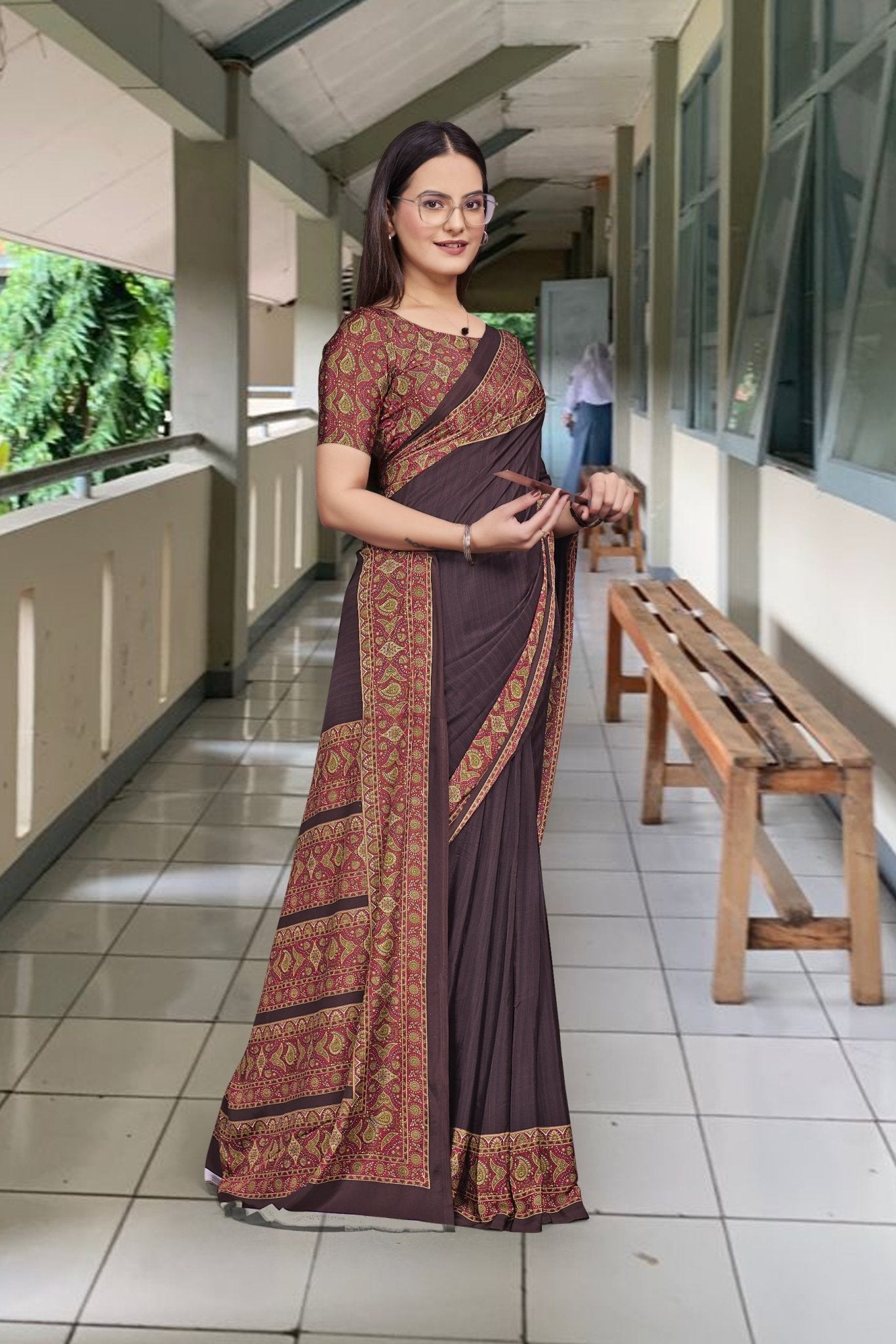 Brown Crepe Receptionist Professional Saree - FeministaCrepe