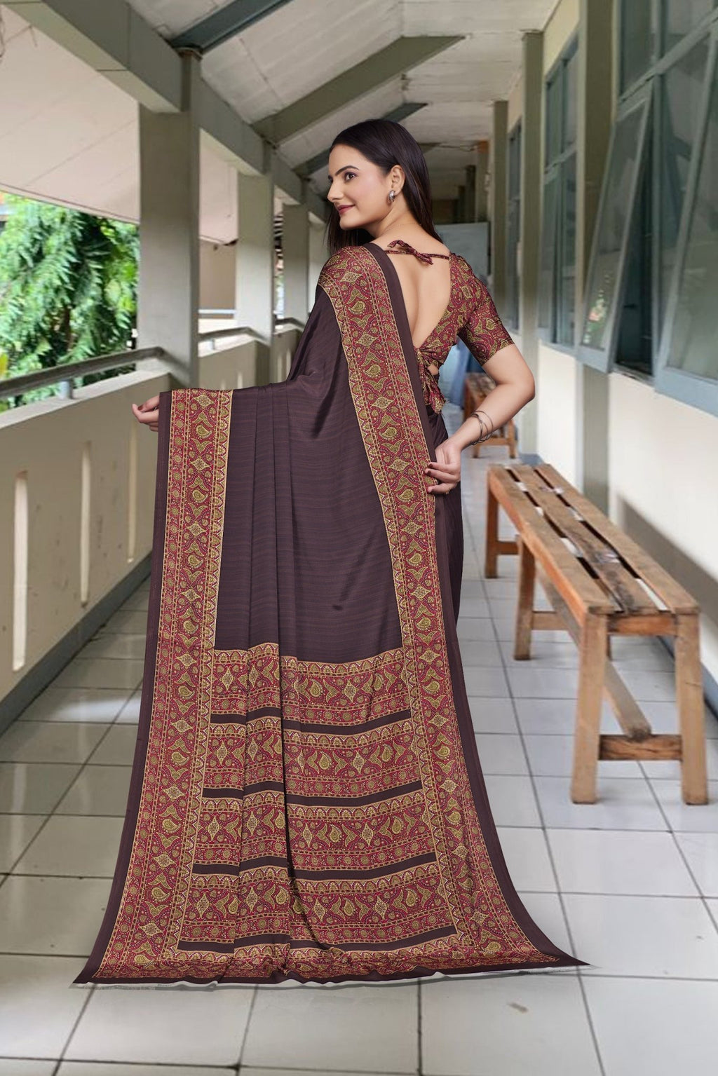 Brown Crepe Receptionist Professional Saree - FeministaCrepe