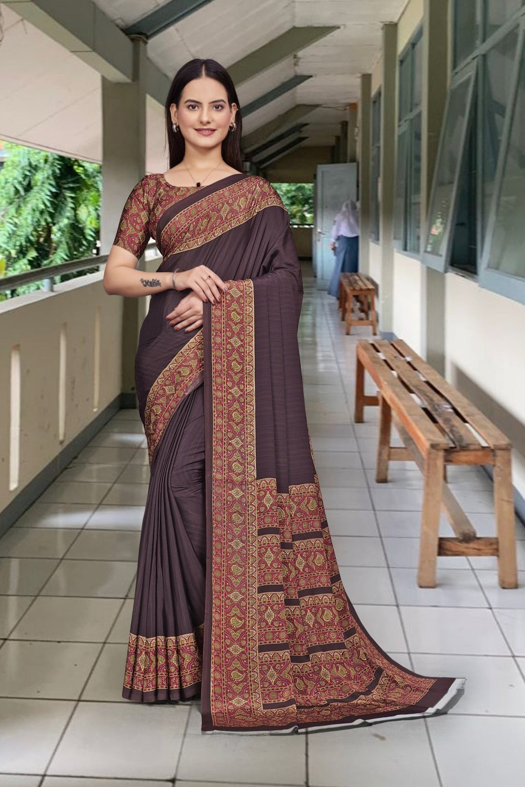 Brown Crepe Receptionist Professional Saree - FeministaCrepe