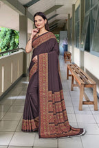 Brown Crepe Receptionist Professional Saree - FeministaCrepe
