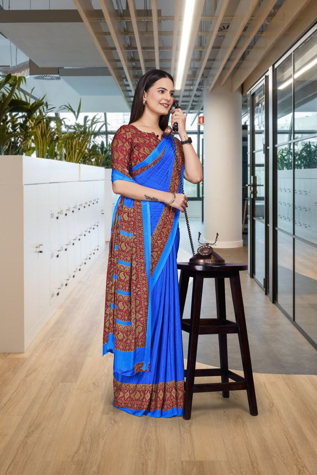 Blue Crepe Professional Teacher Saree - FeministaCrepe
