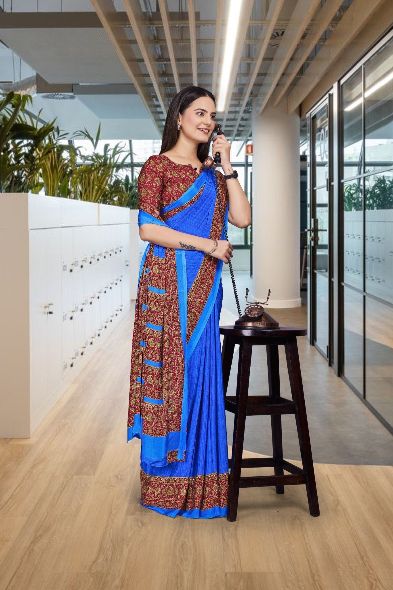 Blue Crepe Professional Teacher Saree - FeministaCrepe