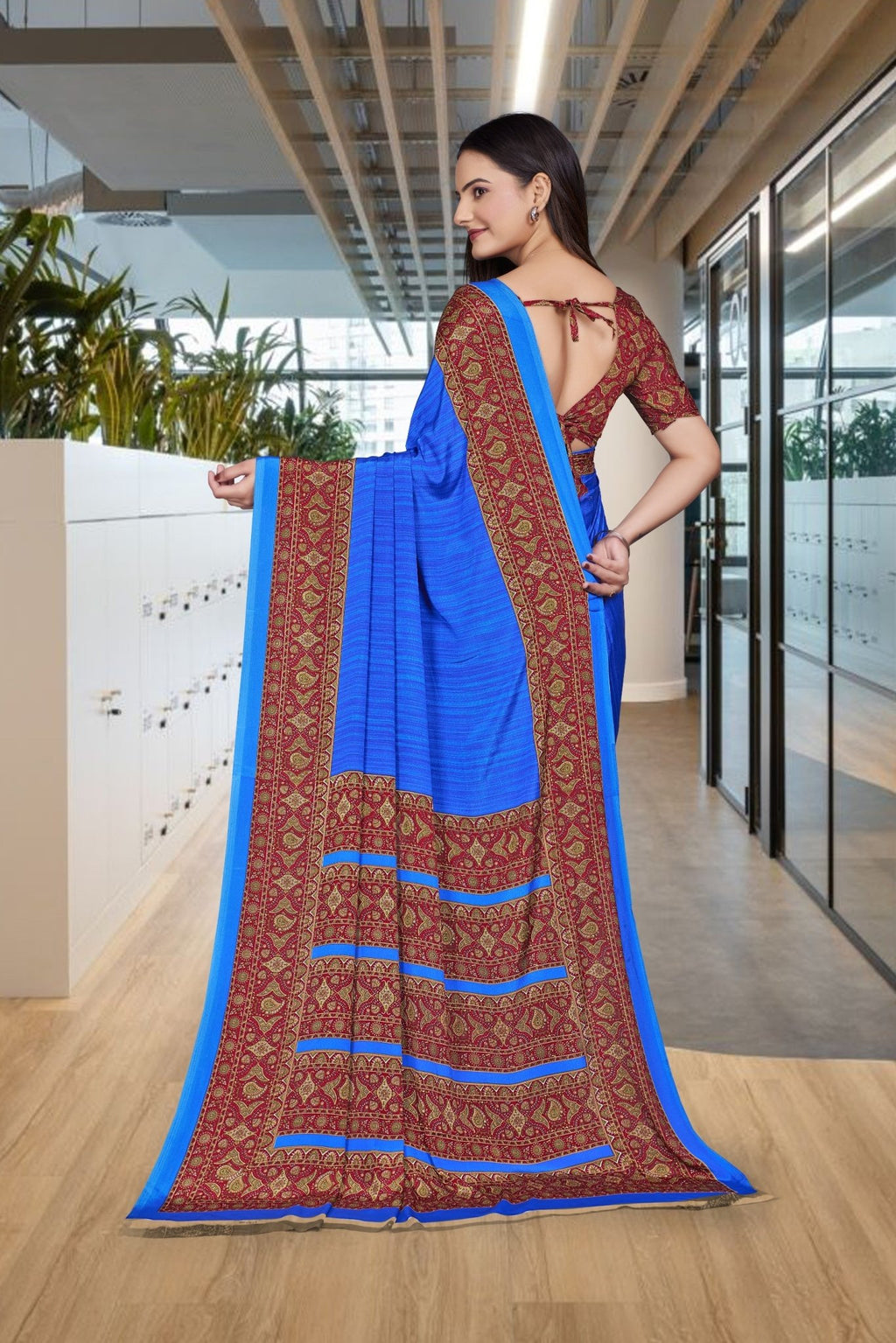 Blue Crepe Professional Teacher Saree - FeministaCrepe