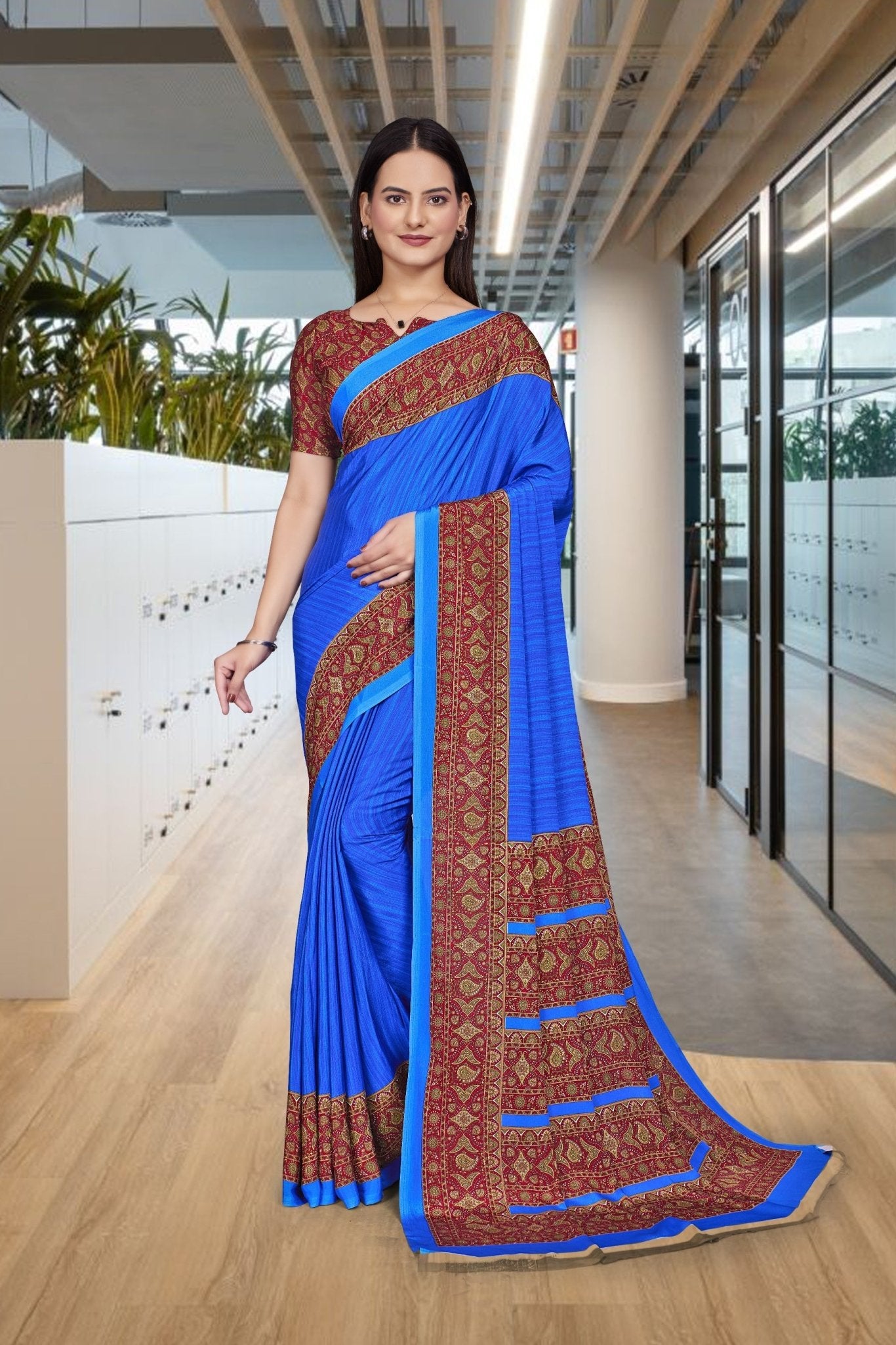 Blue Crepe Professional Teacher Saree - FeministaCrepe