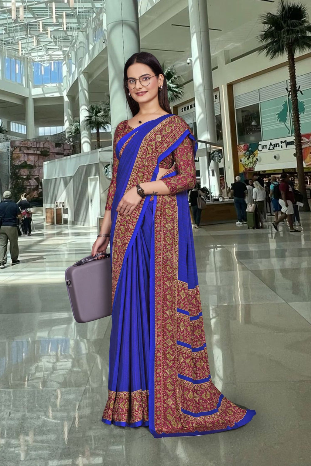 Blue Crepe School Uniform Saree for Teachers - FeministaCrepe