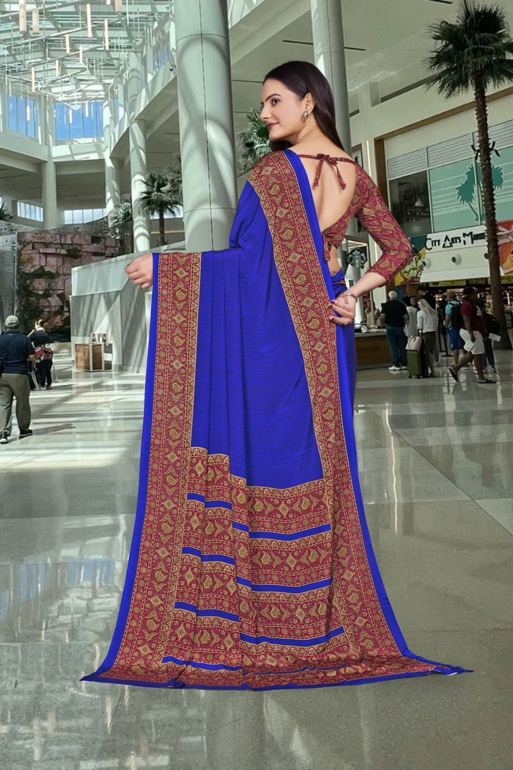 Blue Crepe School Uniform Saree for Teachers - FeministaCrepe