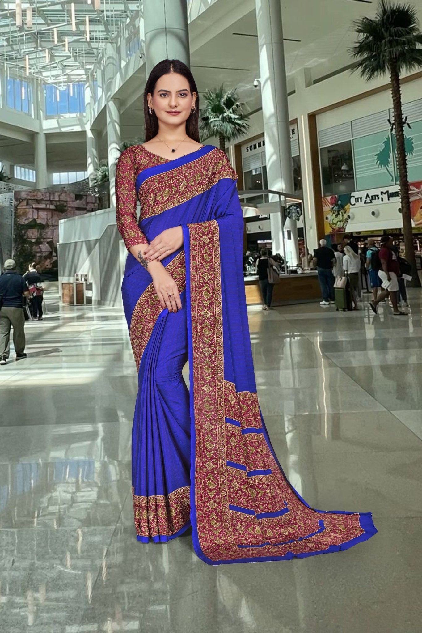 Blue Crepe School Uniform Saree for Teachers - FeministaCrepe