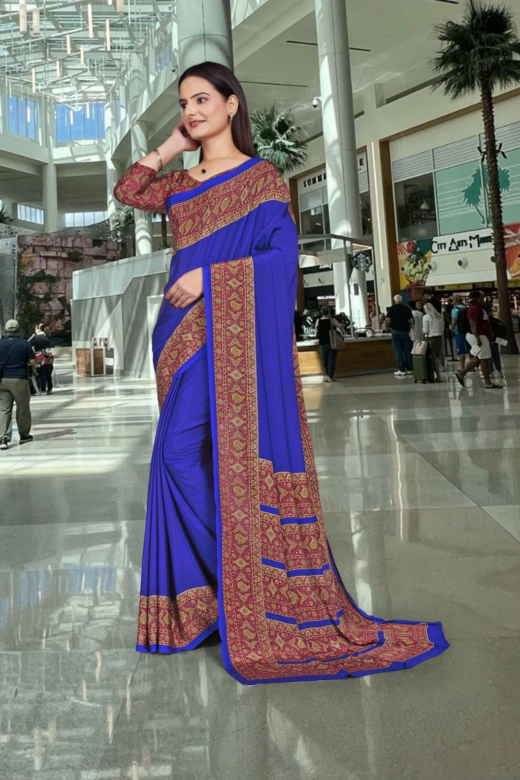 Blue Crepe School Uniform Saree for Teachers - FeministaCrepe