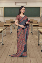 Grey Crepe Reception Staff Uniform Saree - FeministaCrepe