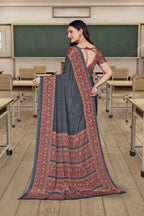 Grey Crepe Reception Staff Uniform Saree - FeministaCrepe