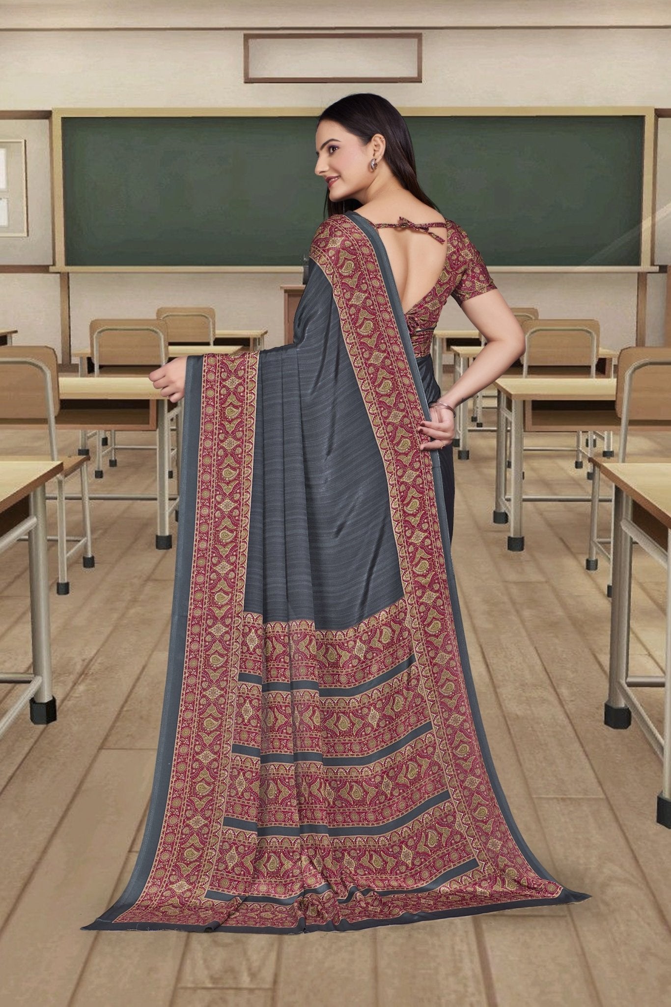 Grey Crepe Reception Staff Uniform Saree - FeministaCrepe